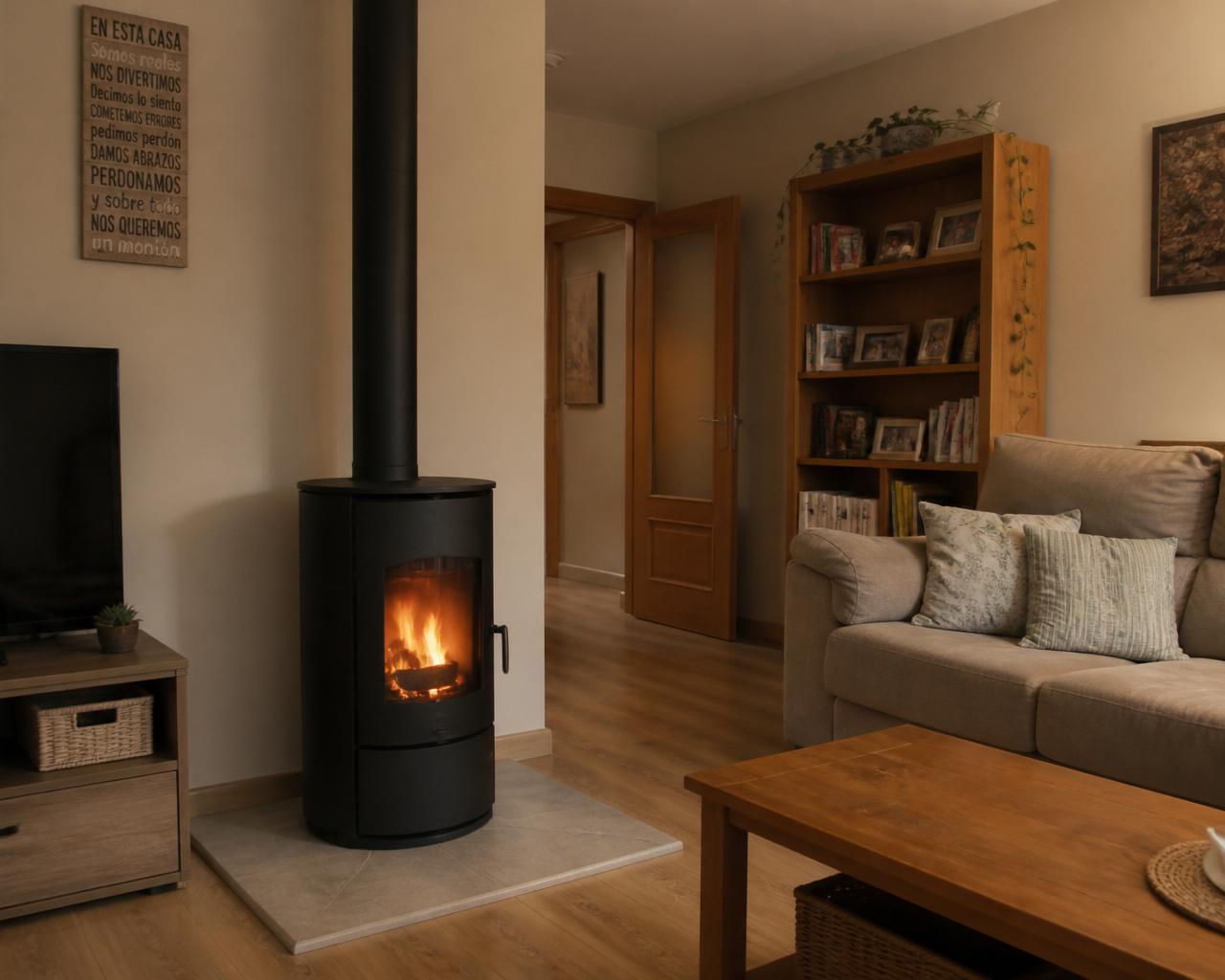 FIRE · COMPACTA — estufa cilíndrica d'acer negre mat, porta amb vidre panoràmic, tub de fum vertical ø150