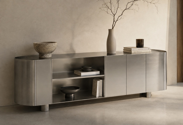 INOX · AURA — cantells corbats en continu, frontal llis o acanalat, oberta, amb prestatge o calaix