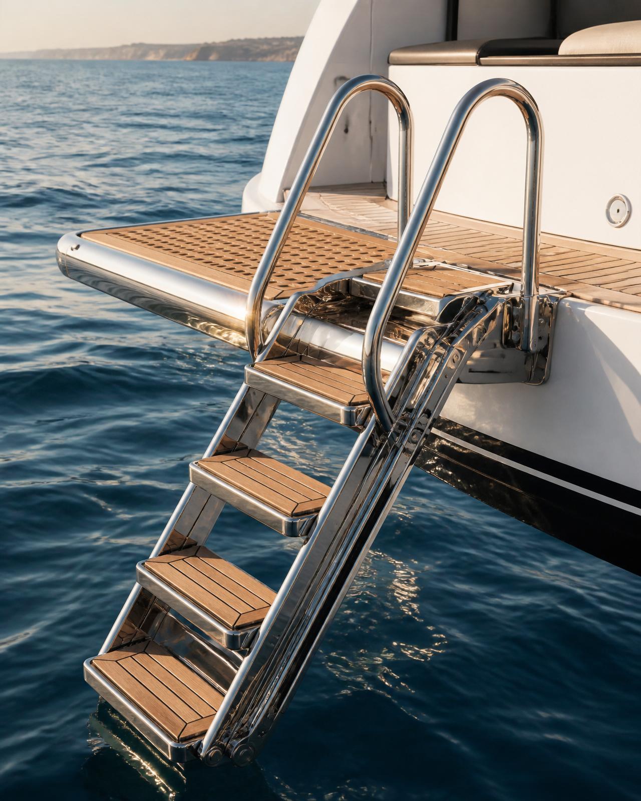 MARINE L — estructura inox aisi 316 plegable, graons antilliscants amb teca marítima, passamans i tensors inox