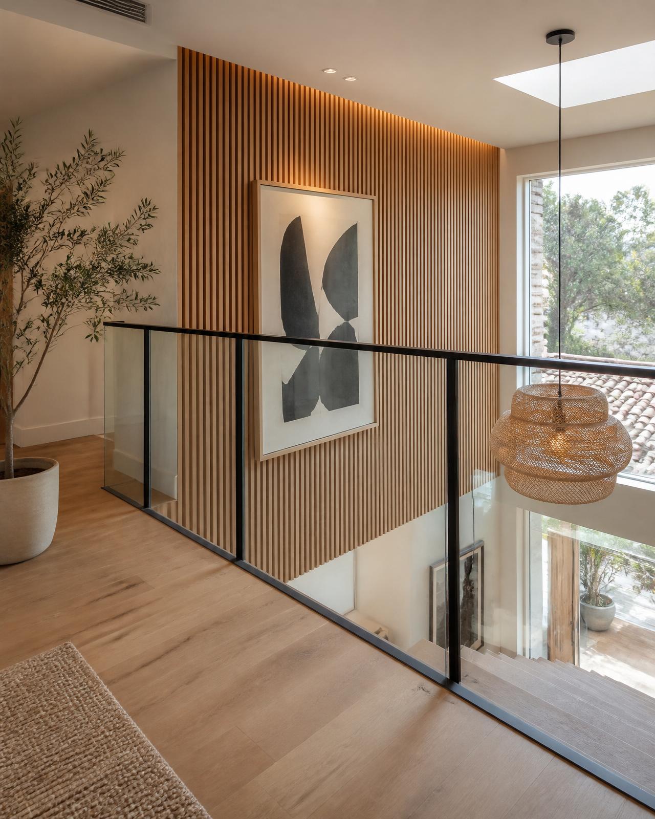 Barana GEA RAILING L — vidre laminat emmarcat amb perfil d'acer negre, passamà superior continu d'acer pla, muntants verticals d'acer mínims
