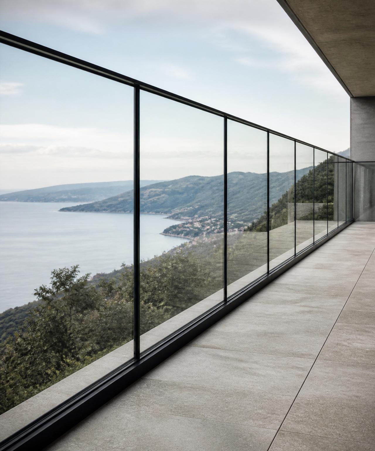 Barana GEA RAILING M — vidre laminat 6+6 mm de seguretat, muntants d'acer mínims, apta per interior i exterior