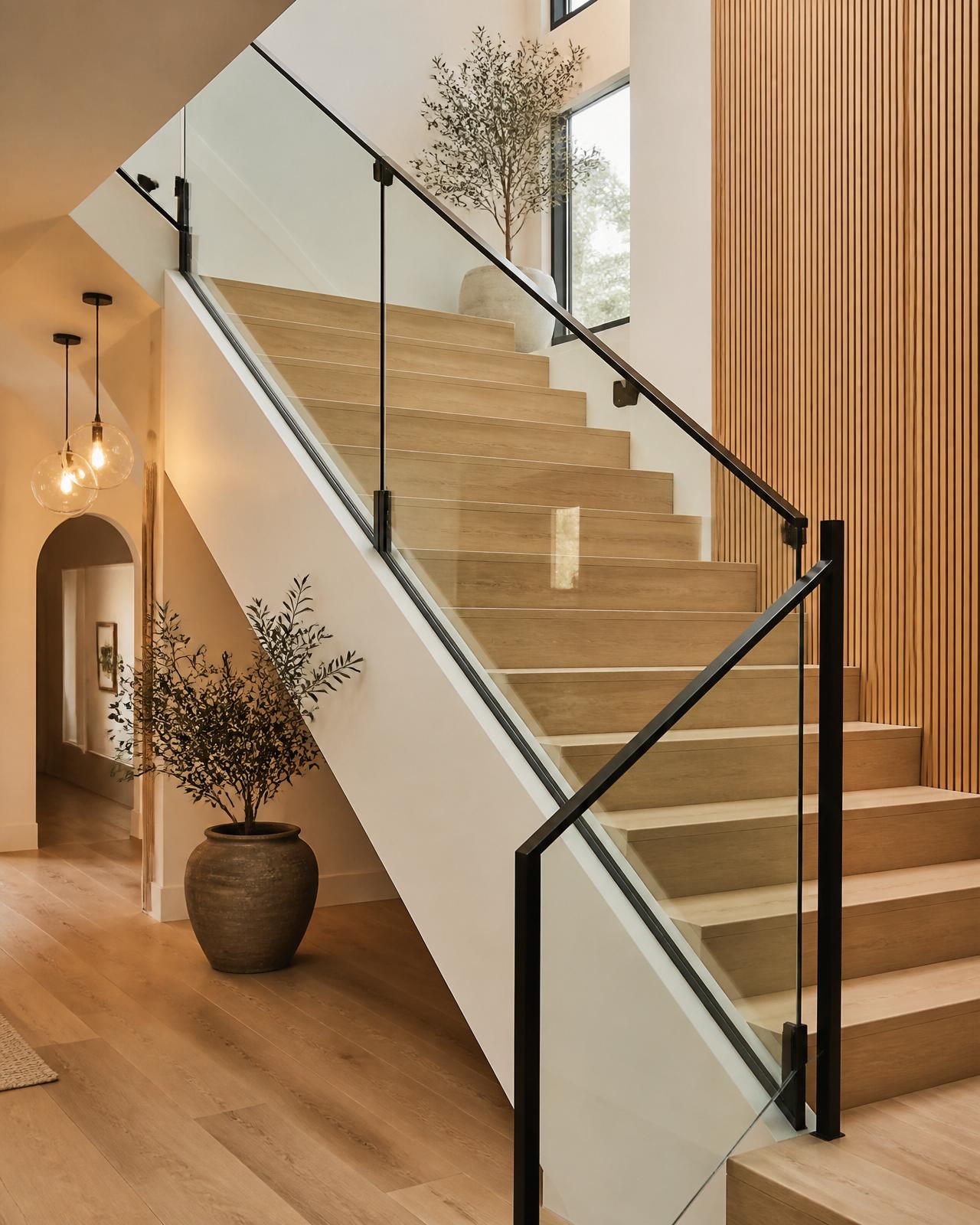 Escala GEA STAIRS L — interior · vidre + acer, graons de fusta massissa de roure, barana de vidre laminat de seguretat, estructura i passamà d'acer negre mat